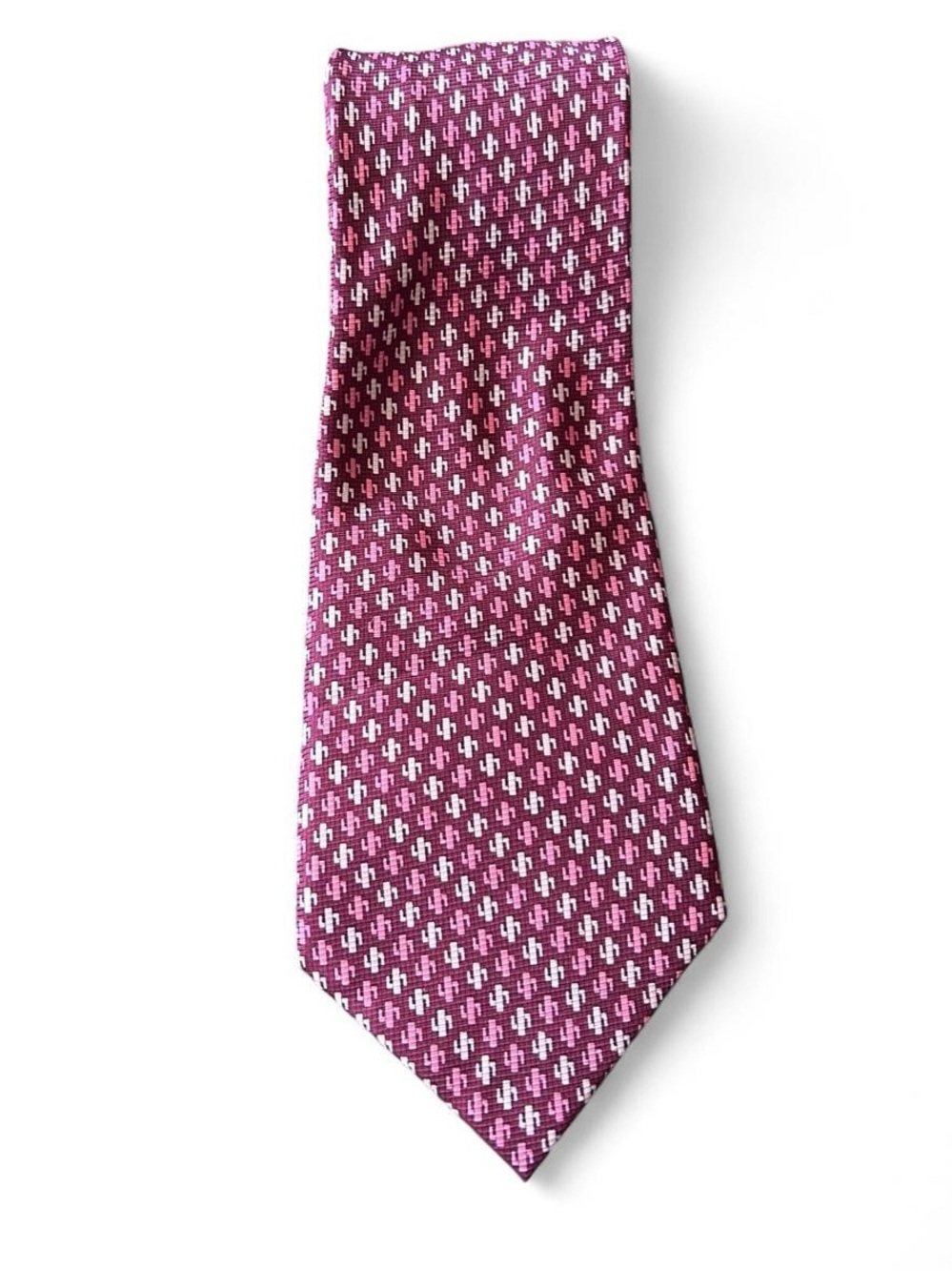Bijoux Terner Genuine Silk Necktie Burgundy Pink Cream Geometric Luxury Classic